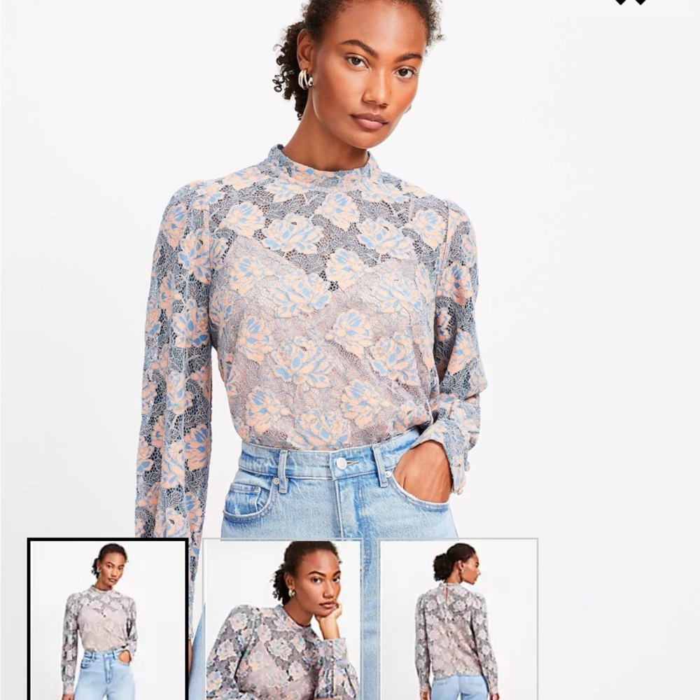 LOFT Blue and Cream Fitted Blouse with Mandarin Collar